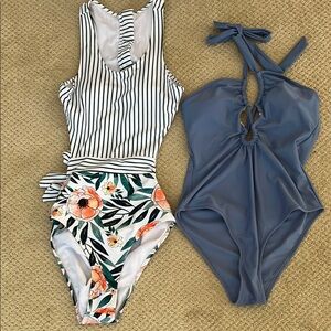 Cupshe Striped Floral and Solid Blue Swimsuit Set NWT